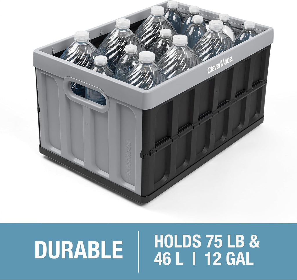 CleverMade Collapsible Storage Bins - Stone 1 Pack 46L - Stackable Containers Heavy Duty Capacity Folding Crates - Space-Saving for Home