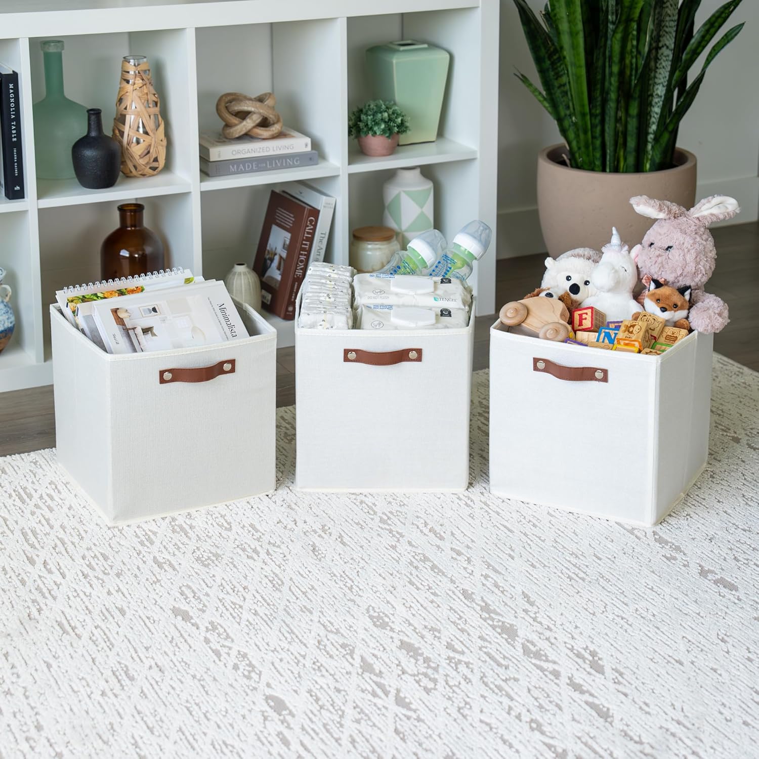 OrganiHaus White 12" x 12" x 12" Fabric Cube Storage Bins - Set of 4, Cube Fabric Organizer Bins with Vegan Handles, Kallax Storage Cubes, Cubbies Organizer Boxes, 12Inch Cubic Baskets for Shelves