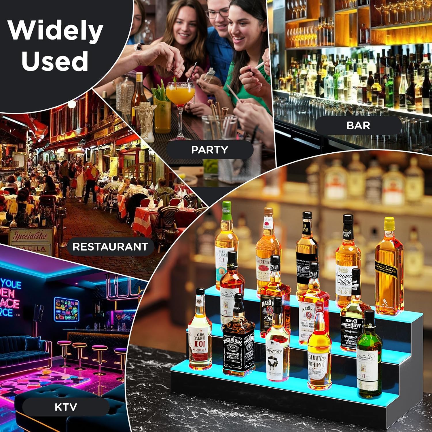 Dethan 3 Tier 16 Inch Liquor Bottle Display Shelf - Wine Racks with Multi-Color App & Remote Control, Adjustable Brightness & Sound Modes, Acrylic Bar Shelves Displays
