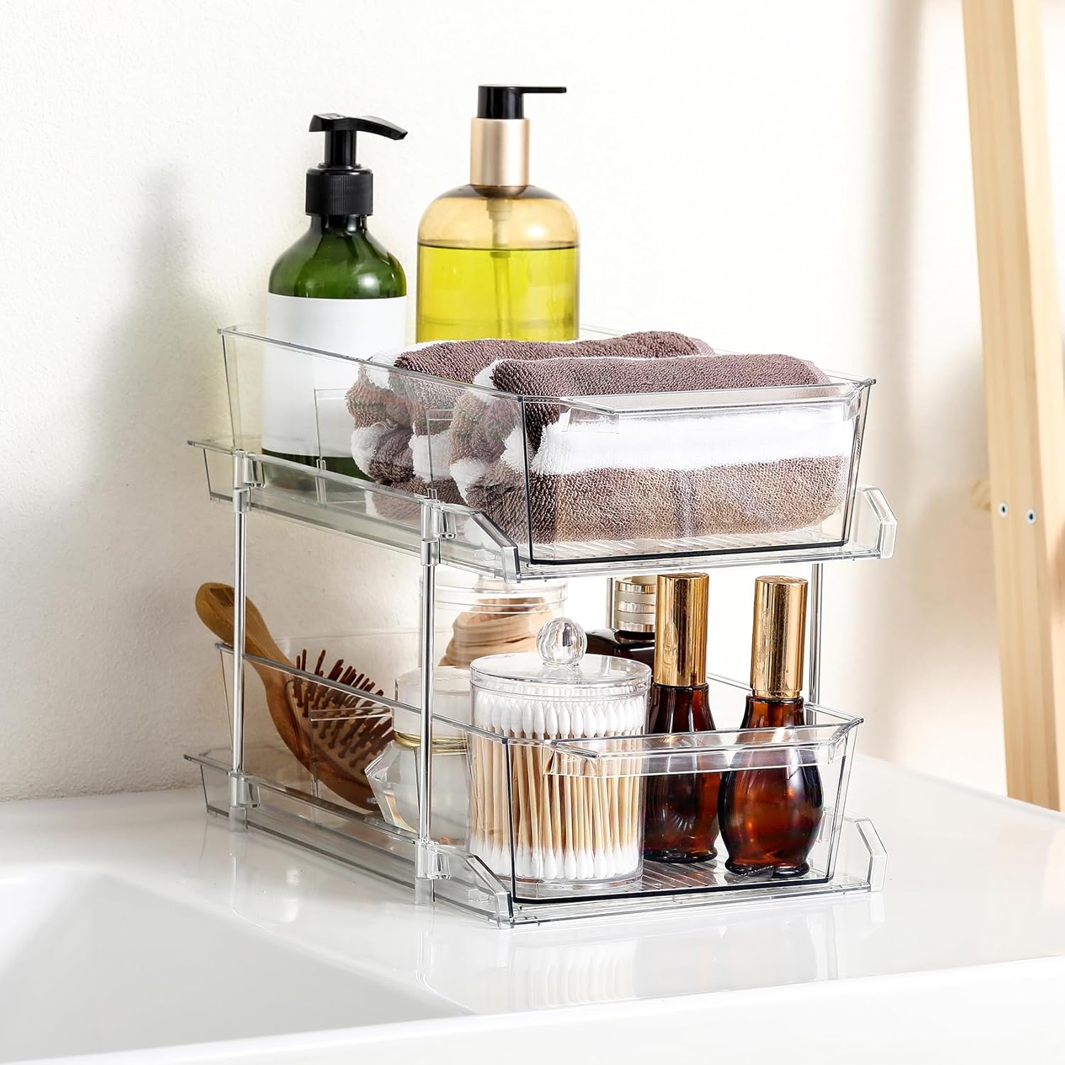 2 Tier Clear Organizer with Dividers for Cabinet, Shlef, Counter - MultiUse Slide-Out Storage Container - Kitchen, Pantry, Medicine Cupboard Bins, Bathroom, Vanity Makeup, Under Sink Organizing