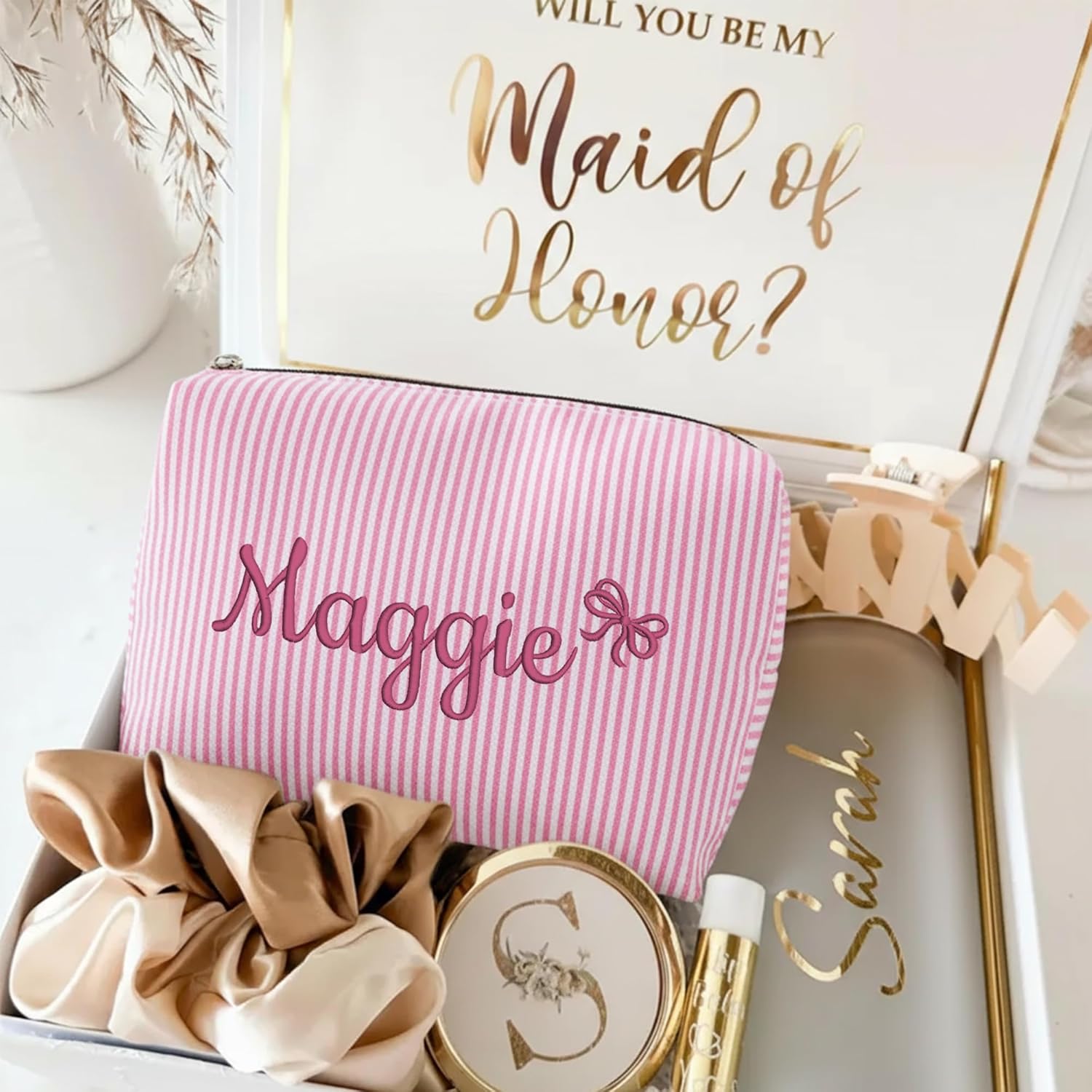 Personalized Seersucker Makeup Bag with Embroidered Name&Birth Flower,Custom Small Travel Cosmetic Bag Toiletry Bag Wedding Gifts for Bridesmaid Bride (4-Makeup Bag with Crown)