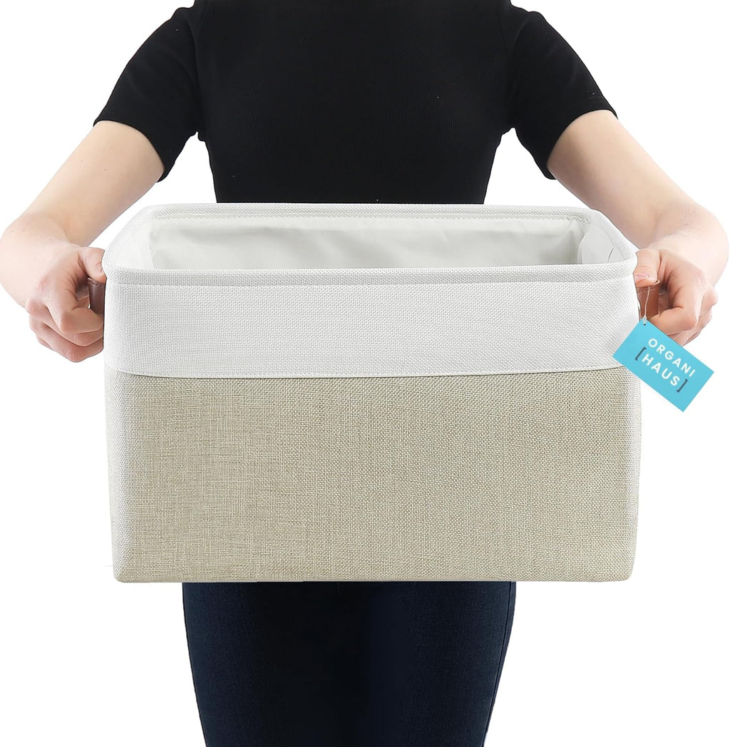 OrganiHaus Extra Large Fabric Storage Baskets for Shelves 3 Pack, 16x13in Closet Storage Bins for Shelves, Canvas Baskets for Organizing, Linen Closet Organizers, Cloth Basket, Beige/Off-White