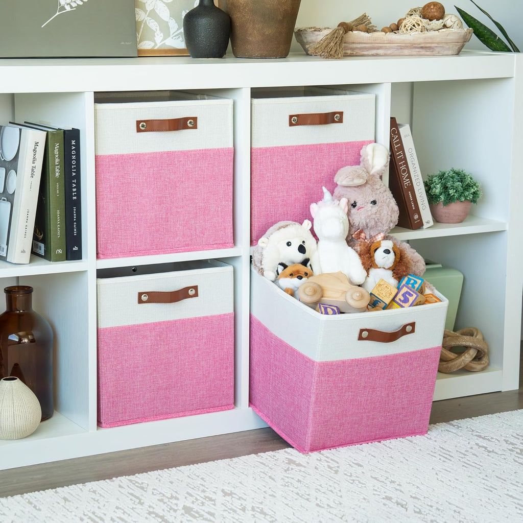 OrganiHaus 12" x 12" x 12" Fabric Cube Storage Bins - Set of 4, Cube Fabric Organizer Bins with Vegan Handles, Kallax Storage Cubes, 12 Inch Cubic Baskets for Shelves - Pink/White