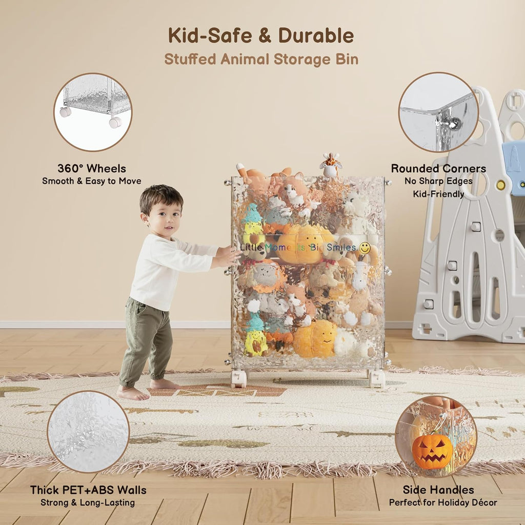 Stuffed Animal Storage with Wheels, Rolling Toy Storage Bin, Slim Tall Kid-Safe, Impact-Resistant Organizer for Playroom/Nursery/Bedroom, 360° Wheels, Fits Yoga Mats & Sports Gear (Glacier)