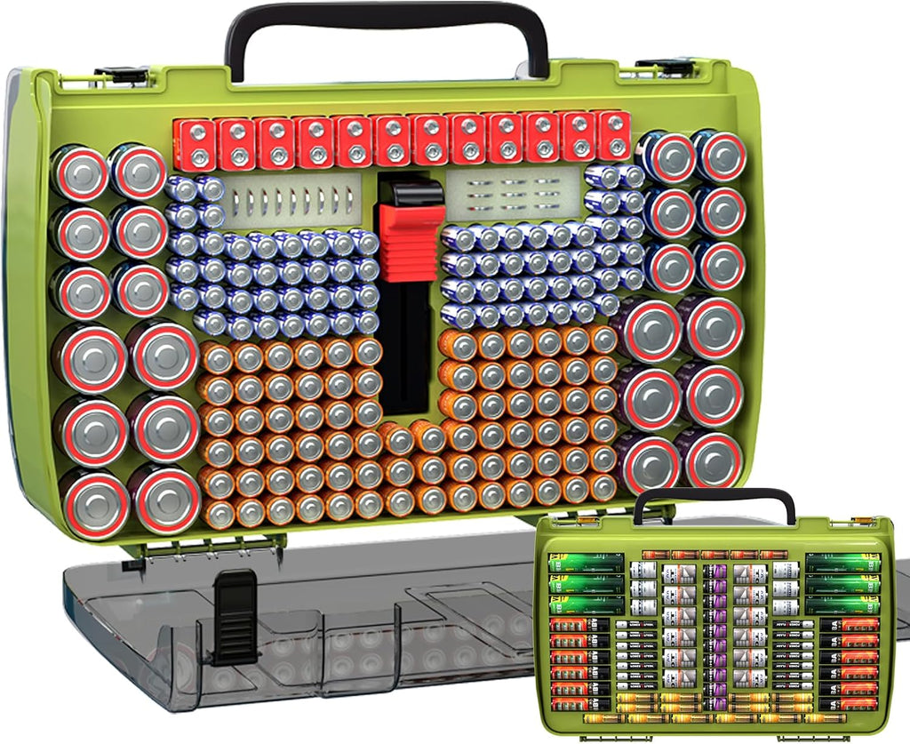 ALCYON Large Capacity 269 Battery Organizer Storage Case with Tester, Double-Side Battery Holder Container for AA AAA AAAA C D 9V Lithium 3V CR123 CR1632 18650 Batteries(Box Only) (Lighting Green)