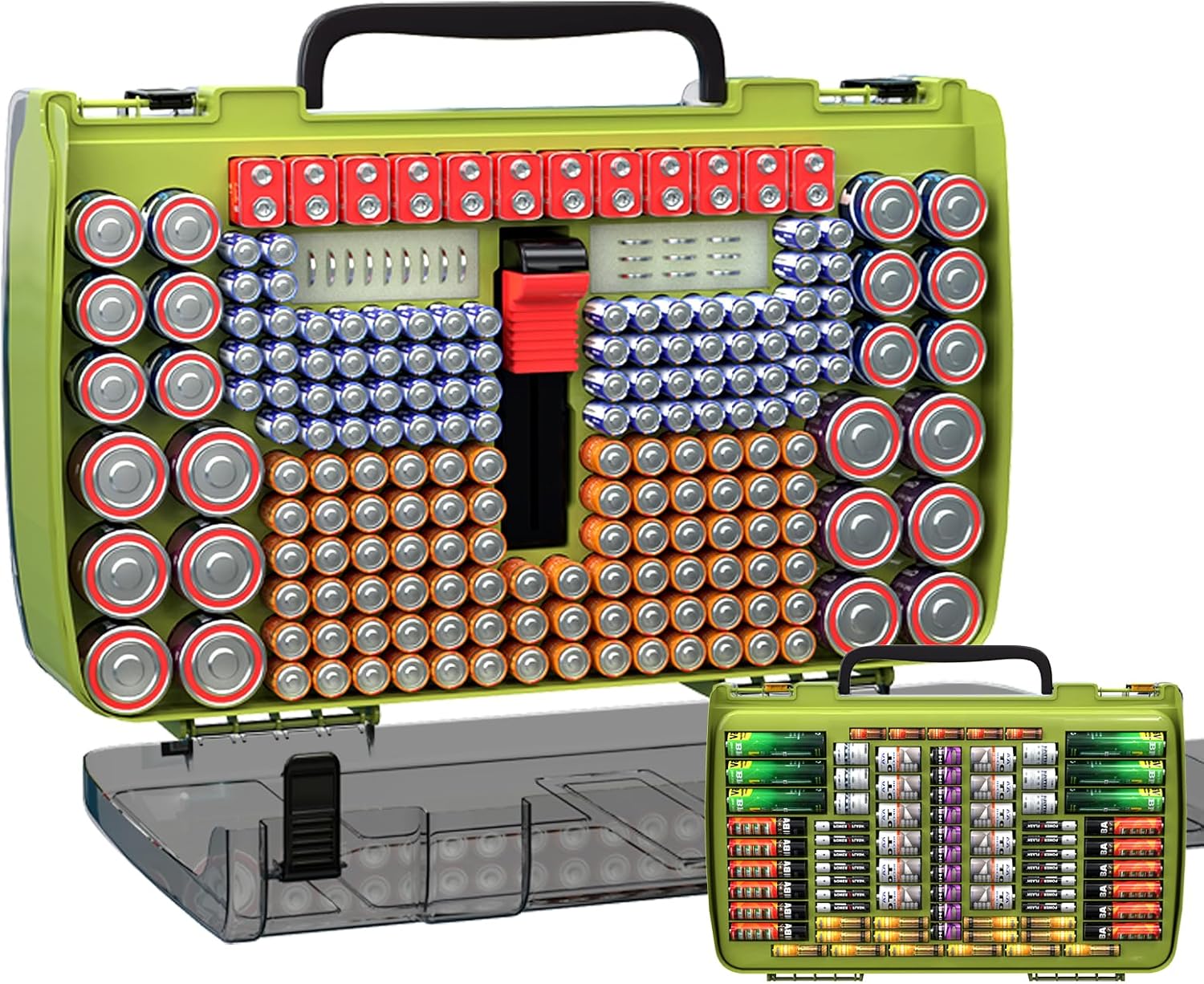 ALCYON Large Capacity 269 Battery Organizer Storage Case with Tester, Double-Side Battery Holder Container for AA AAA AAAA C D 9V Lithium 3V CR123 CR1632 18650 Batteries(Box Only) (Lighting Green)
