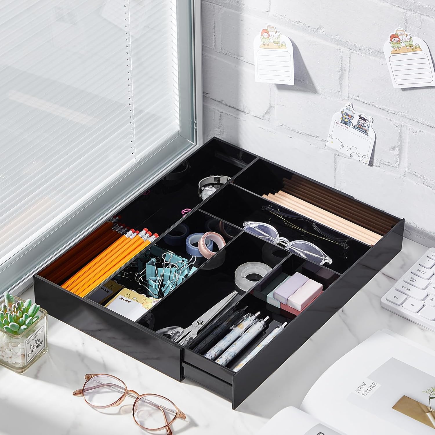 1 Pcs Acrylic Drawer Organizer 9'' up to 18'' x 15'' x 2'' Expandable Drawer Organizer Pens Notebook Ruler Makeup Tray with 7 Adjustable Compartments for Desk Office Kitchen Bathroom(Black)
