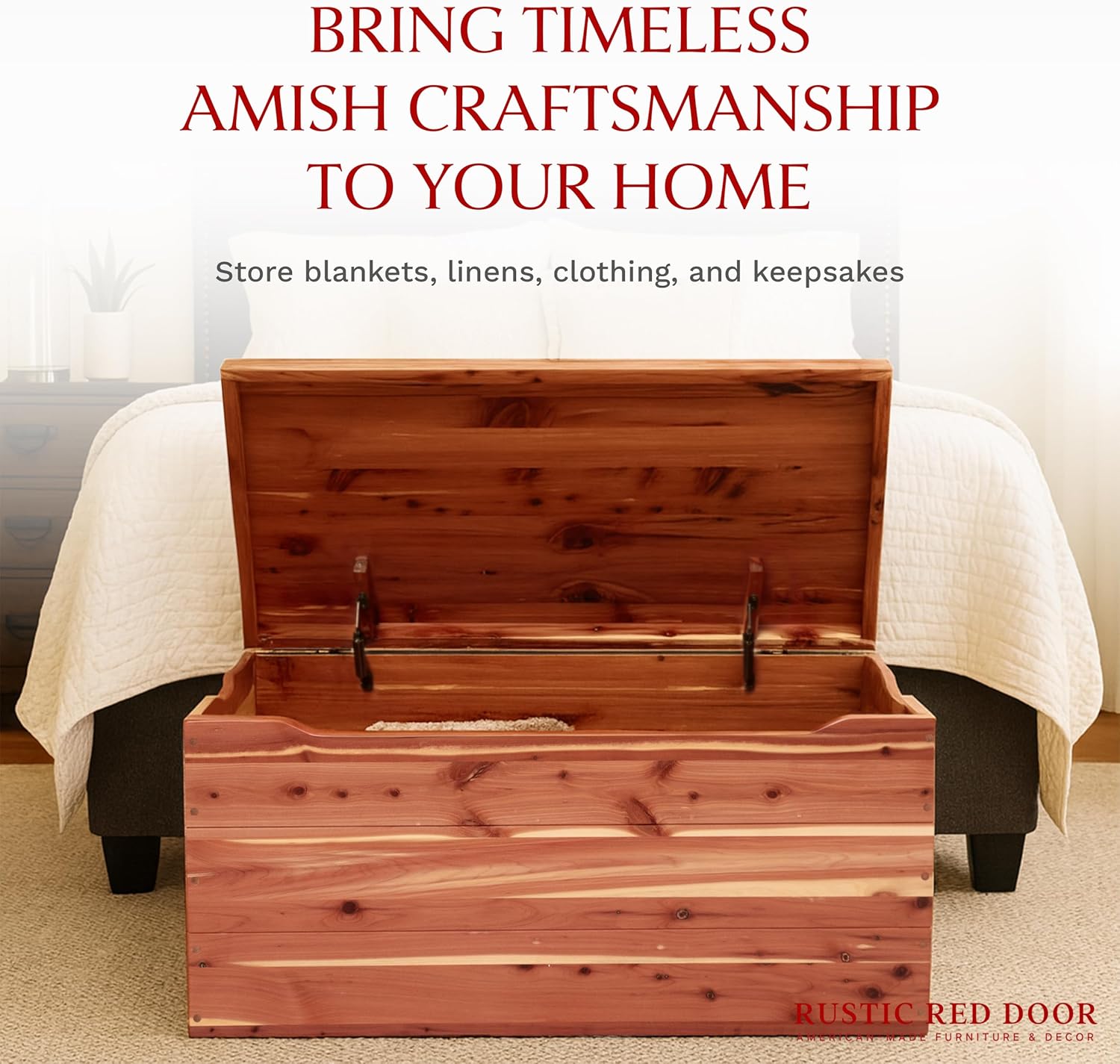 Amish Made Wooden Storage Chest Trunk Box with Lid and Handles for Bedroolanket, Clothes, Anti-Slam Hinges, Handmade, Rustic, Cedar Wood, Natural Stain, 42"