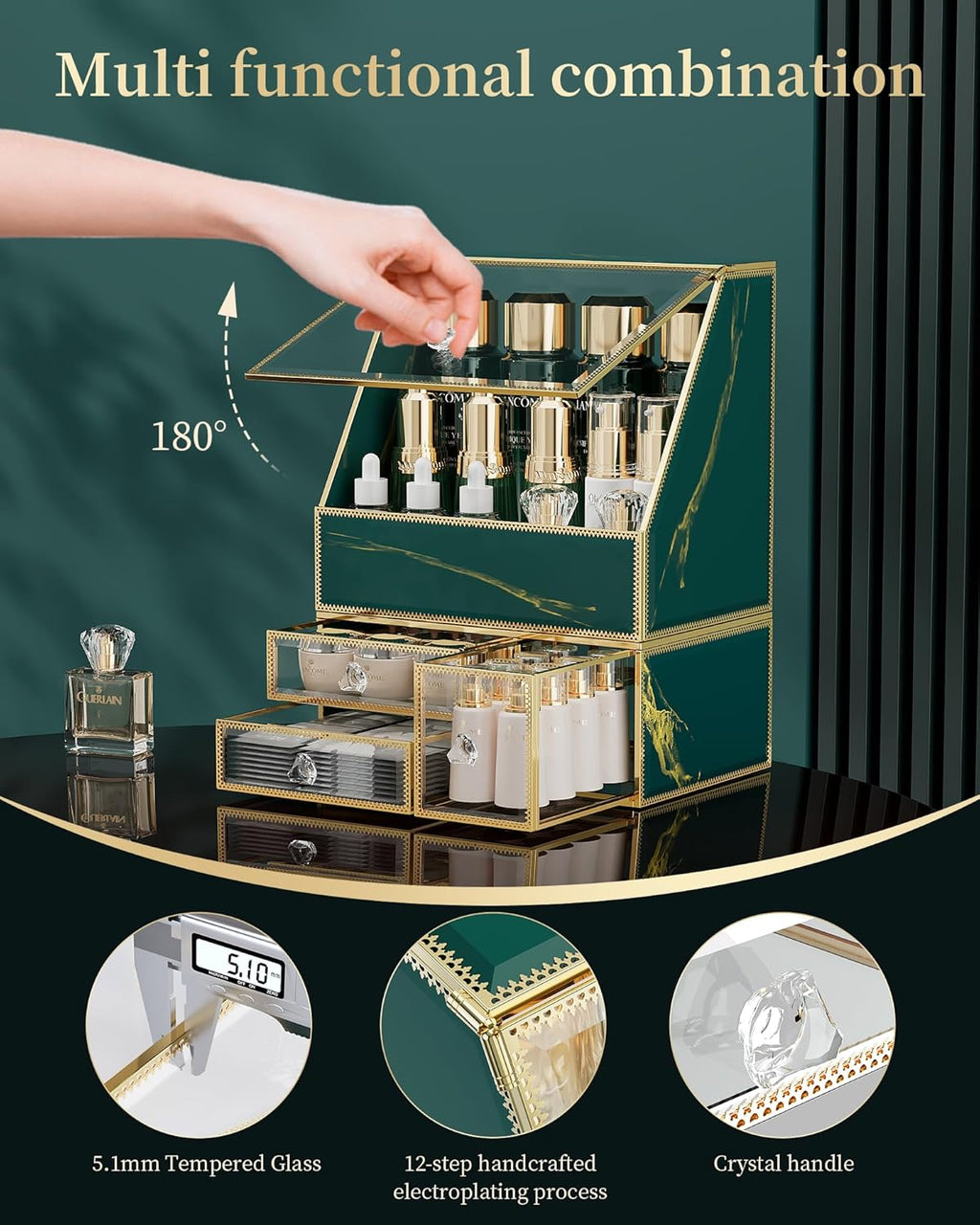 Makeup Organizer Countertop,Green Makeup Organizer with Drawer, Skincare Holder for Bathroom Countertop,Cosmetic Display Case for Dresser.