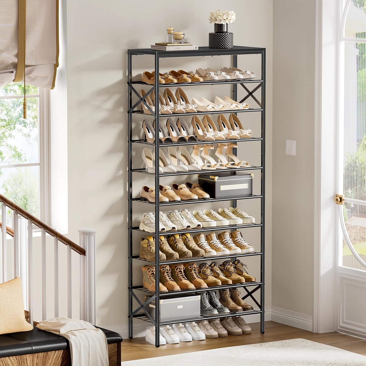10-Tier Tall Shoe Rack Organizer Shoe Storage for Entryway 30-40 Pairs Metal Shoe Rack for Closet Heavy-Duty Shoe Rack with Wooden Top Shelf for Garage Black