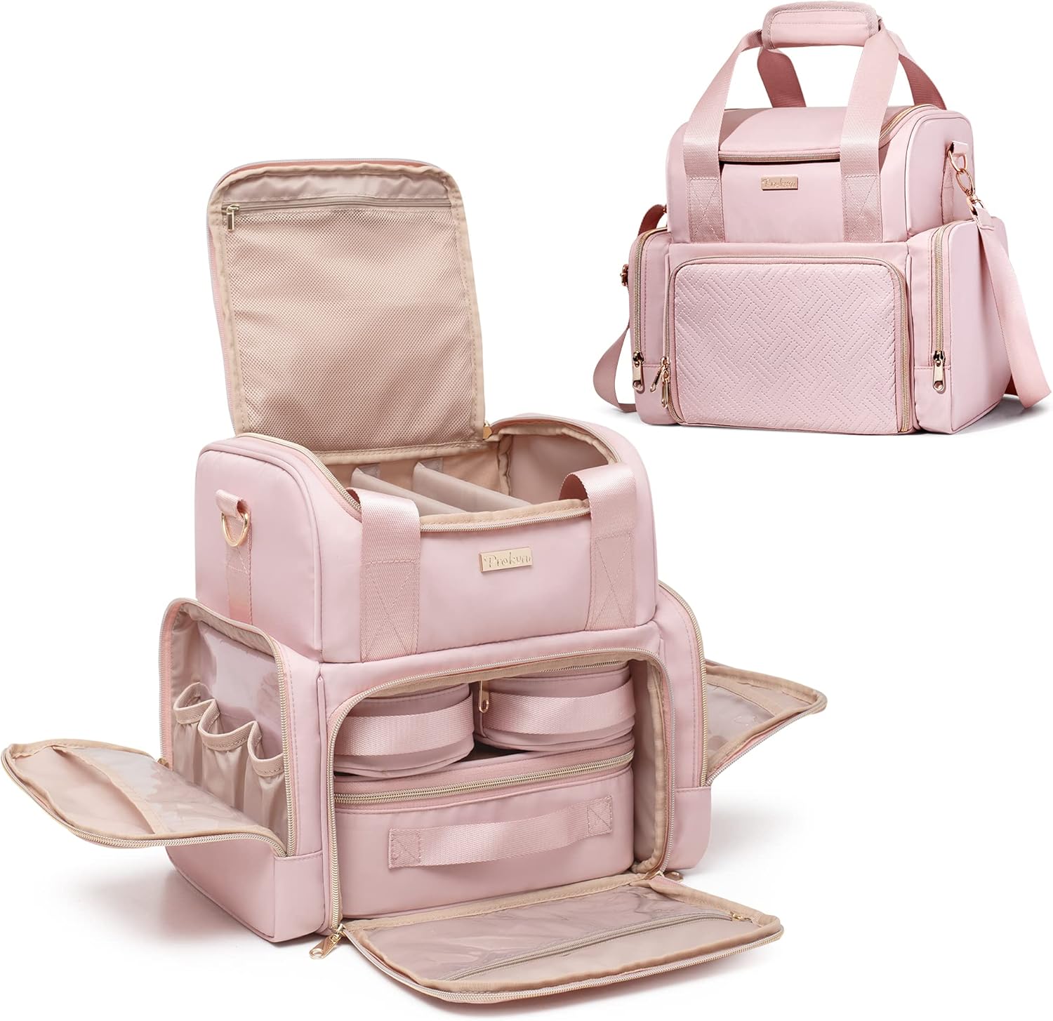 Large Makeup Cosmetic Bag with 3 Removable Case, Double Layer Travel Makeup Organizer Case with Inner Dividers and Makeup Brushes Storage Section, Pink (Patented Design)