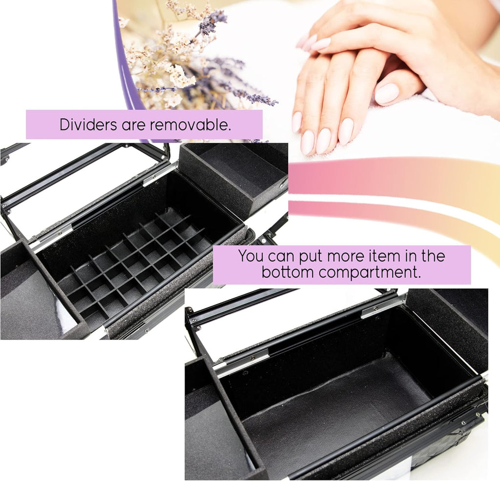 Ver Beauty Armored Acrylic Cosmetic Case Organizer Train Makeup Case with 4 Extendable Trays and Bottom Compartment Key and Lock (Black Diamond)