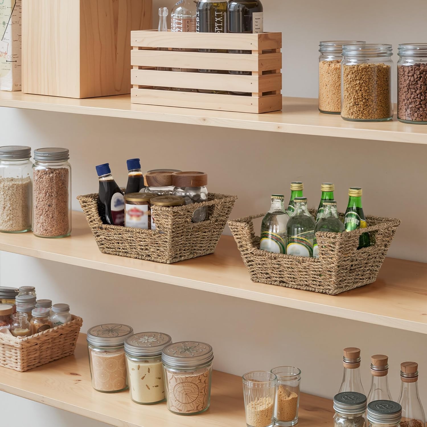 StorageWorks Small Pantry Baskets for Patato and Onion Storage, Wicker Baskets for Organizing with Built-in Handles, Seagrass Pantry Organizers and Storage for Shelves, Countertop, 2 Pack