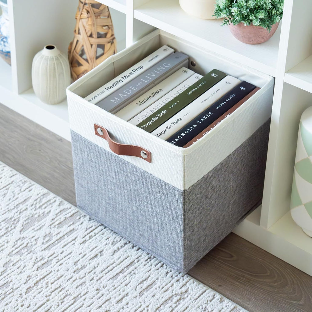 OrganiHaus 11" x 11" x 11" Fabric Cube Storage Bins Set of 4, Foldable Collapsible Canvas Storage Bins for Organizer, 11 inch Cubbies Organizer for Kallax, Linen Cube Shelf Baskets - Grey/White