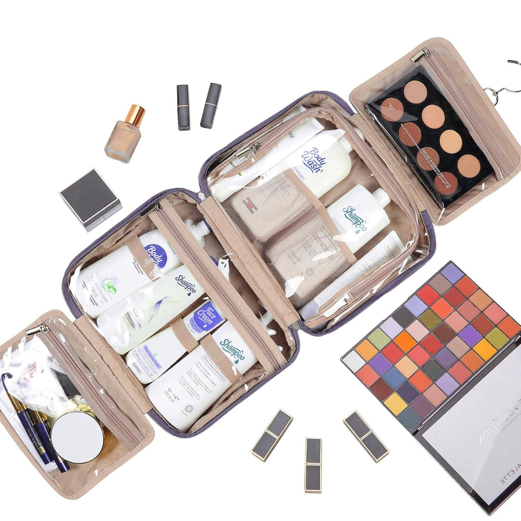 NISHEL Travel Toiletry Bag for Women, Makeup Essentials Organizer, Hanging Case for Accessories, Cosmetics, Large Size, Purple