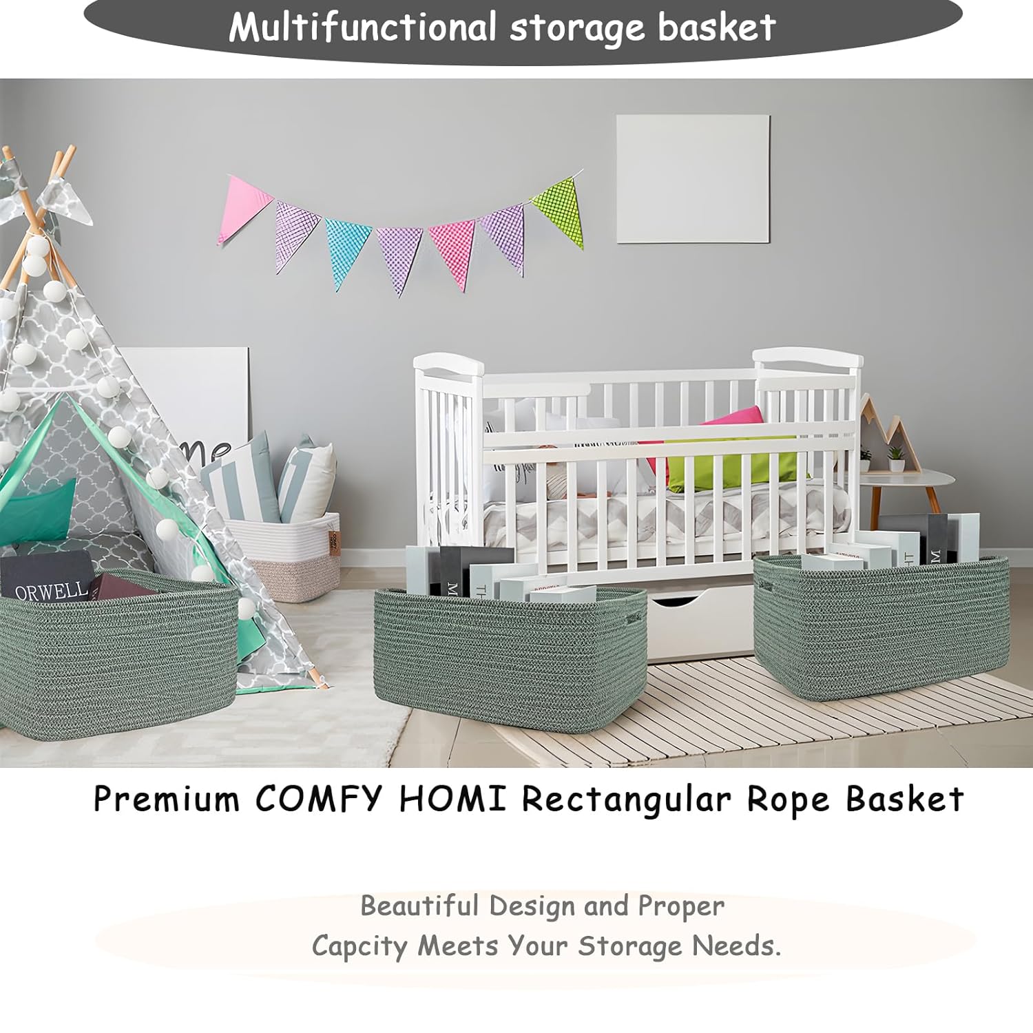 COMFY-HOMI 2 pcs Large Storage Baskets for Shelves, Laundry Basket, Woven Rope Basket, Closet Organizer Bins for Clothes Blanket Towels, Baby Nursery, Gift Toy Baskets, 17” x 13” x 7.5”-Green