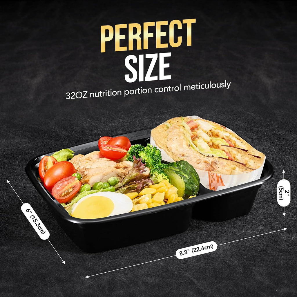 50 Pack (100-Piece) 32 oz Sturdy Leakproof 2-Compartment Meal Prep Containers with Lids, Plastic Food Storage Containers for Lunch, Microwave, Freezer, and Dishwasher Safe Takeout Containers