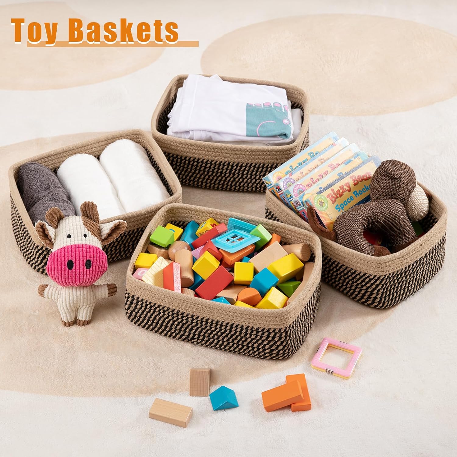 OIAHOMY 4 Pack Storage Baskets for Organizing, Small Bins for Shelves, Cute Decorative Storage Bins, Organizer Baskets for Gifts Empty, 11.8''Lx7.8''Wx4.7''H,Black/Yellow