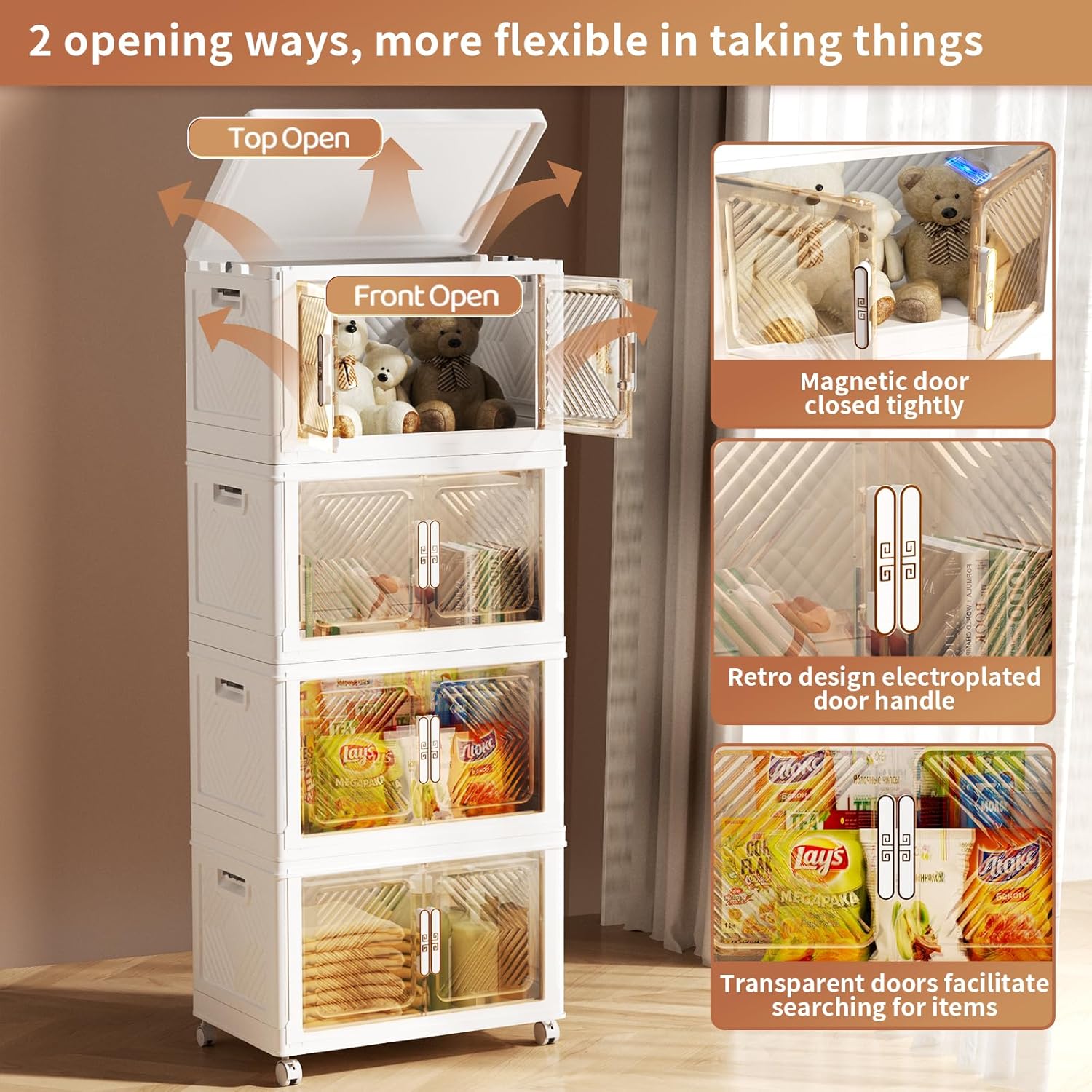 Storage Bins with Lid 48QT, Stackable Storage Containers with Wheels and Magnetic Doors, Plastic Clothes Closet Organizers and Storage Box for Home and Office (4 Pack)