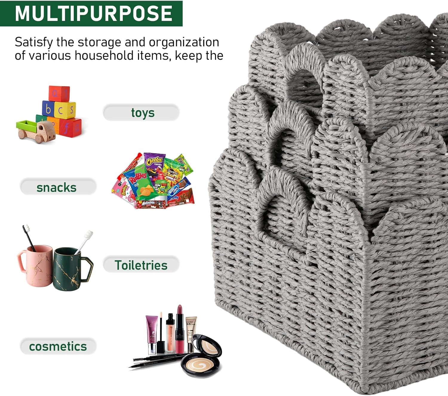 OIAHOMY Scalloped Wicker Baskets, Hand-woven Storage Baskets with Built-in Handles, Paper Rope Shelf Baskets for Organizing and Decoration, Set of 3-Grey