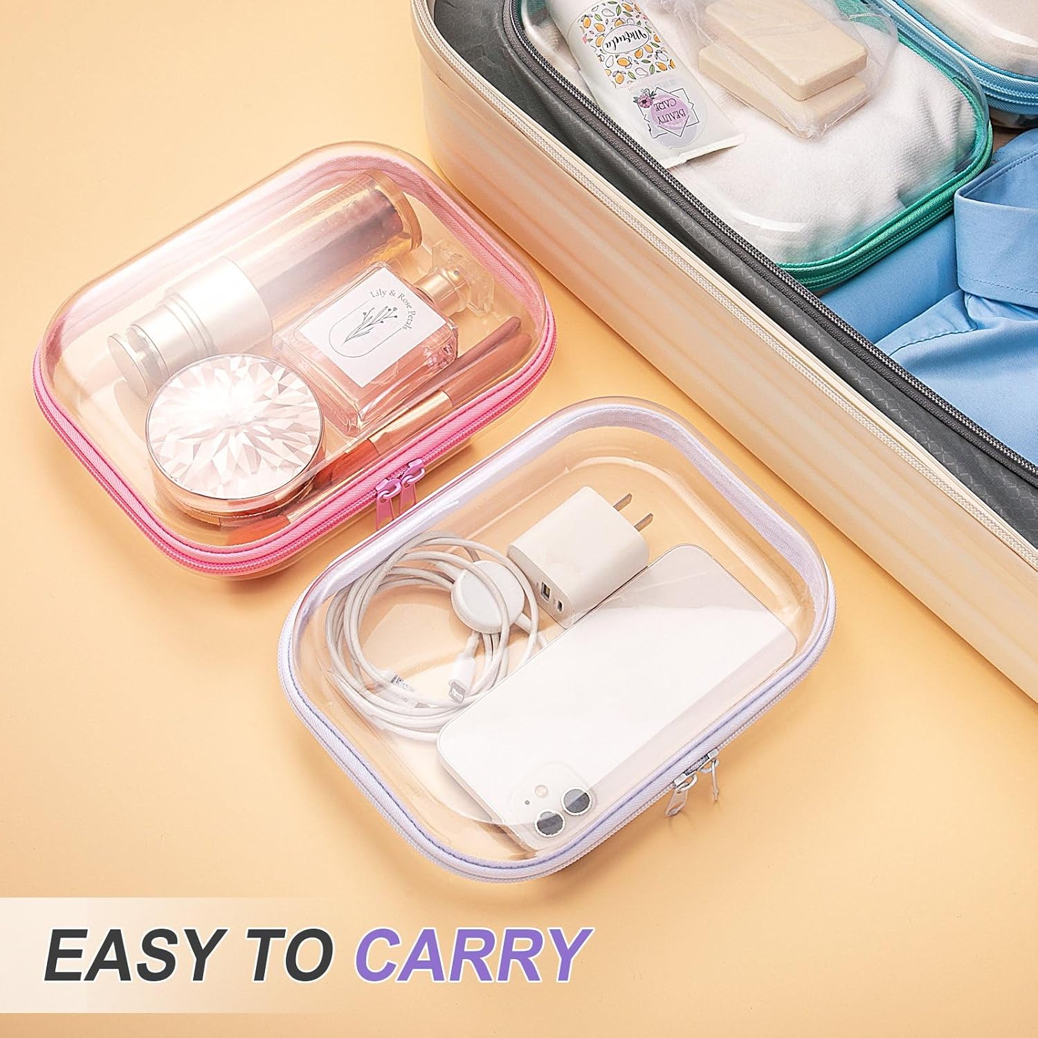 Sanwuta 6 Pcs Clear Hard Zipper Case Hard Plastic Zipper Pouches Transparent Makeup Bag Pencil Pouches for Travel Snacks Christmas Trinket Storage Organizer Box(Assorted Color,7.87 x 5.9 x 2 Inch)