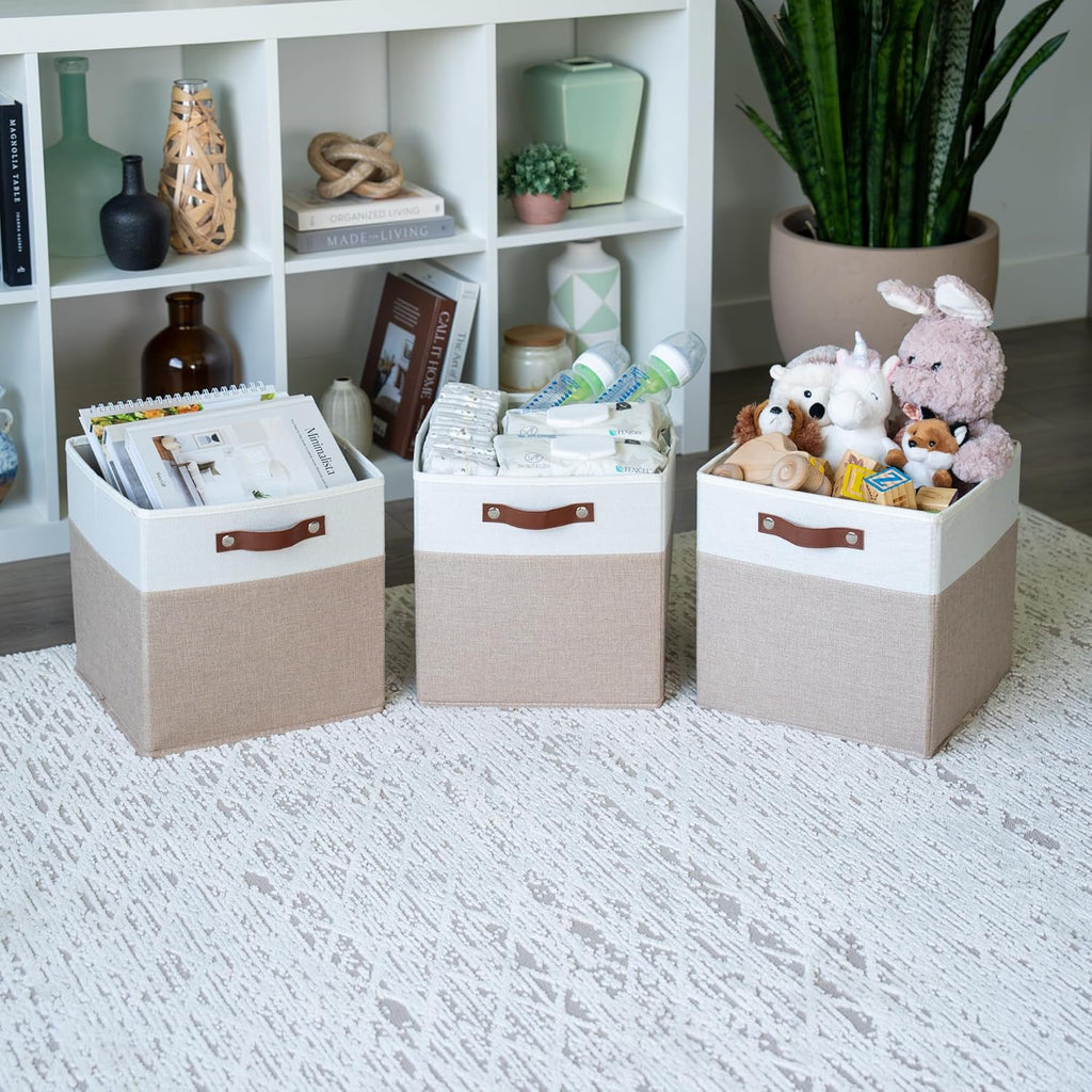 OrganiHaus 12" x 12" x 12" Fabric Storage Bins - Set of 4, Cube Canvas Organizer Bins with Vegan Handles, Kallax Storage Cubes, 12 Inch Cubic Baskets for Shelves - Beige/White