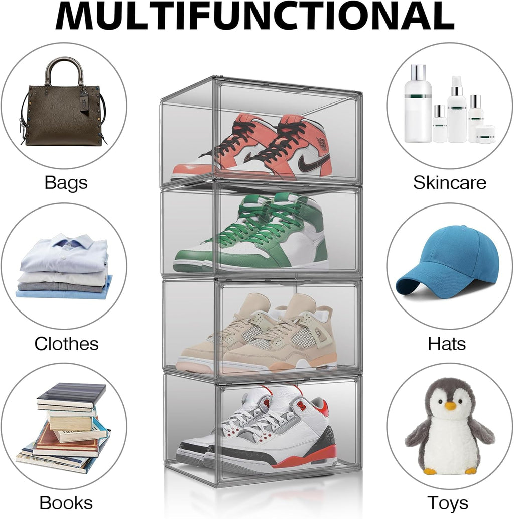 10 Pack Size 12 Shoe Boxes for Closet Clear Plastic Stackable Shoe Organizer Storage Bins with Lids, Under Bed Shoe Containers for Entryway