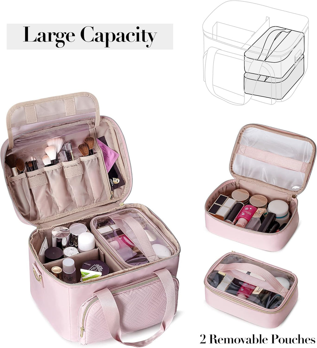 Travel Makeup Bag with 2 Pouches and Adjustable Dividers, Large Cosmetic Case Make up Organizer for Women Fits Bottles Vertically, Pink (Patented Design)