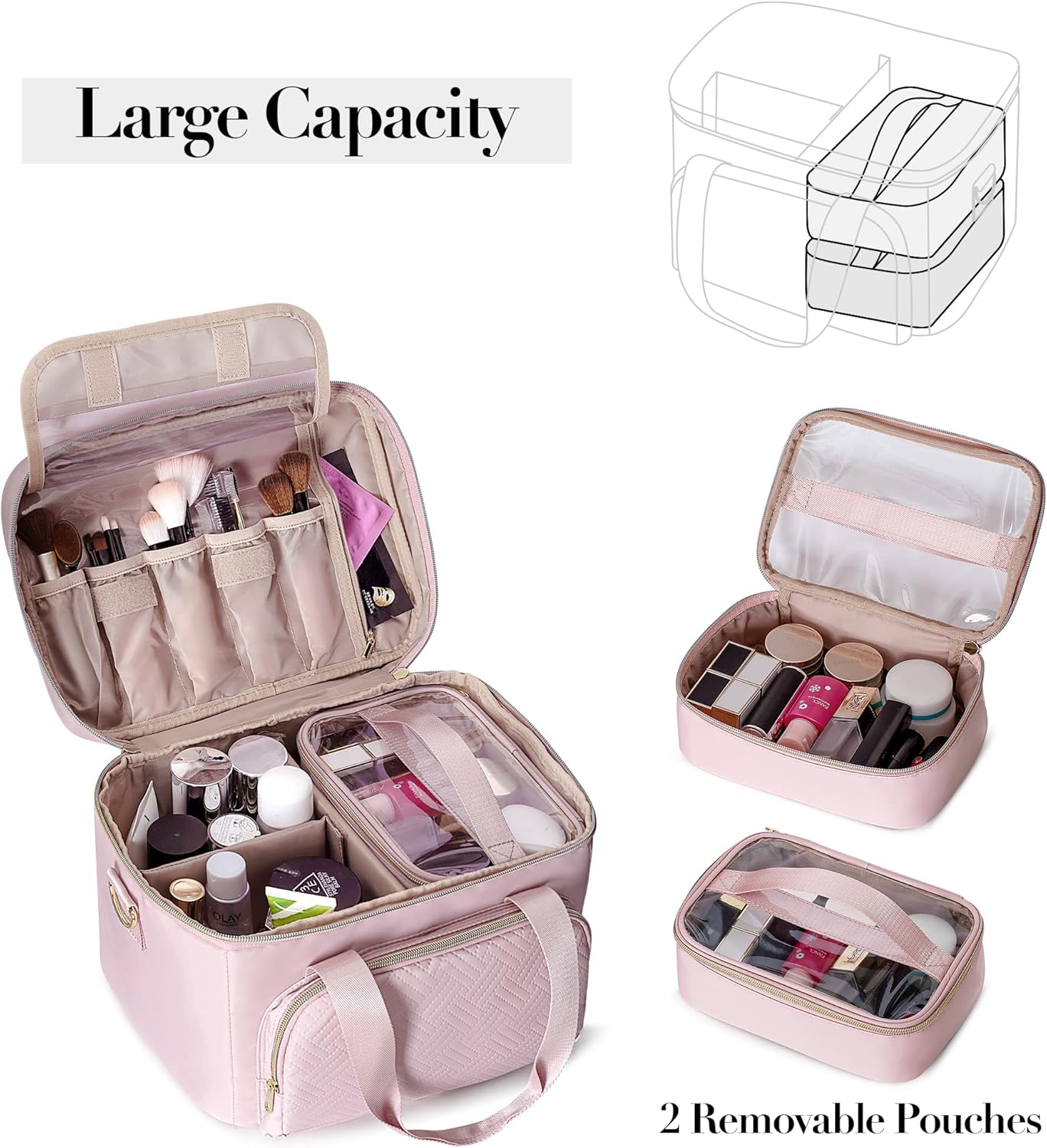 Travel Makeup Bag with 2 Pouches and Adjustable Dividers, Large Cosmetic Case Make up Organizer for Women Fits Bottles Vertically, Pink (Patented Design)
