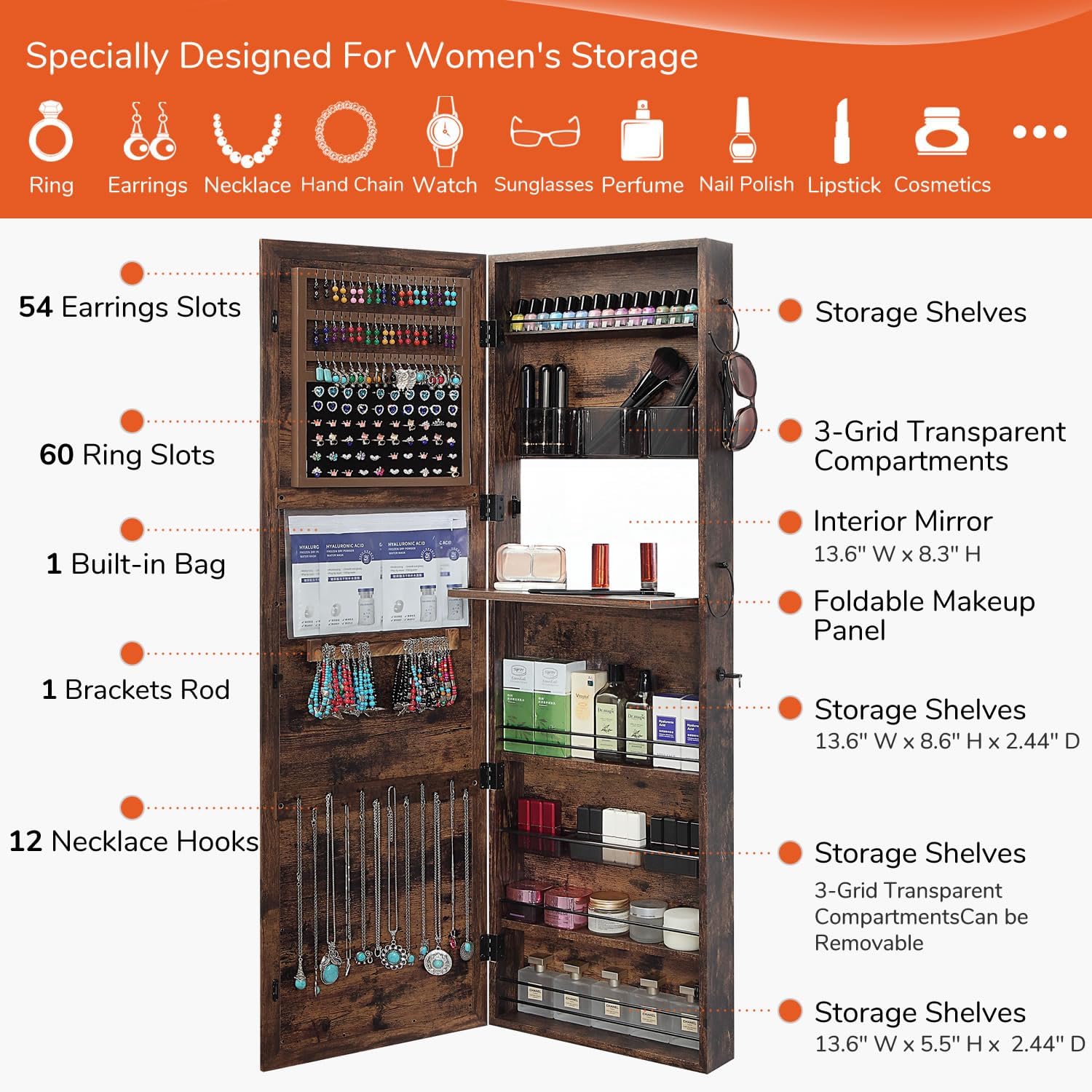 GISSAR Jewelry Mirror Armoire Wall Mount Over The Door Mirror Jewelry Cabinet Storage Mirror Organizer Lockable Full Length Door Mirror,Vintage Brown, GMJ2003V