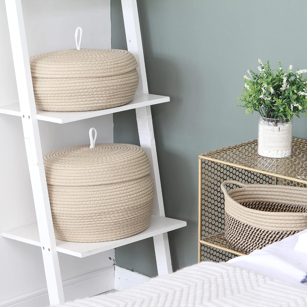 Sea Team Round Cotton Rope Storage Basket with Lid, Decorative Woven Storage Bin, Pot, Caddy, Organizer, Container for Snacks, Towels, Plants, 13 x 9 Inches (Large Size, Khaki)