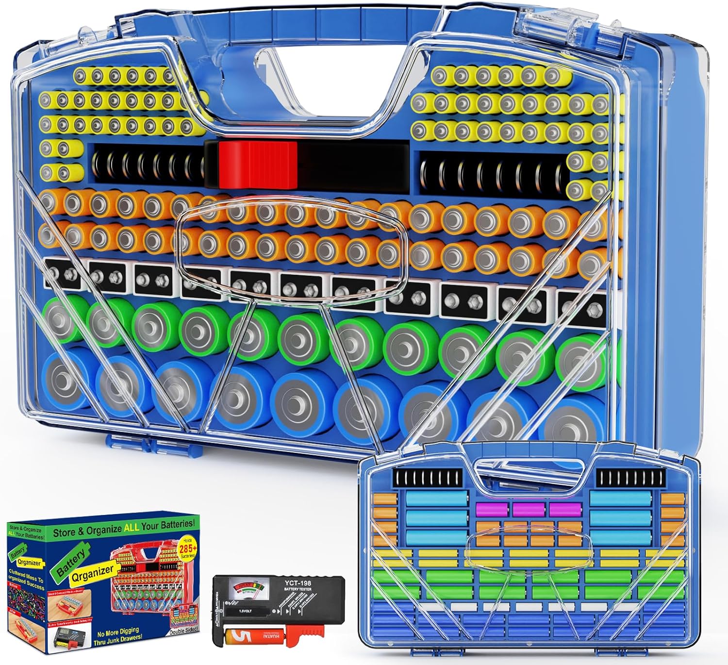 Battery Organizer Storage Holder Box Case with Tester, New Ultra-Large 285+Batteries Double-Sided Variety Pack, Holds AA AAA 4A C D Button Cell 9V 3V Lithium18650 CR2 CR123 CR1632 LR44 (Blue)