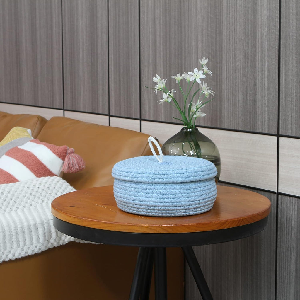 Sea Team Round Cotton Rope Storage Basket with Lid, Decorative Woven Storage Bin, Pot, Caddy, Organizer, Container for Snacks, Towels, Plants, 10 x 4.5 Inches (Small, Shallow, Blue)