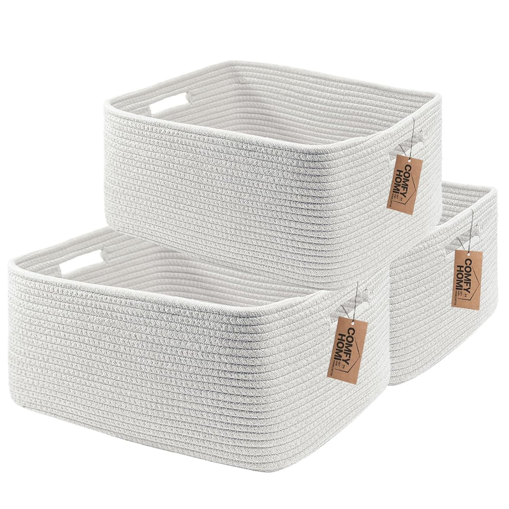 COMFY-HOMI 3 pcs Large Storage Baskets for Shelves, Laundry Basket, Woven Rope Basket, Closet Organizer Bins for Clothes Blanket Towels, Baby Nursery, Gift Toy Baskets, 17” x 13” x 7.5”-White