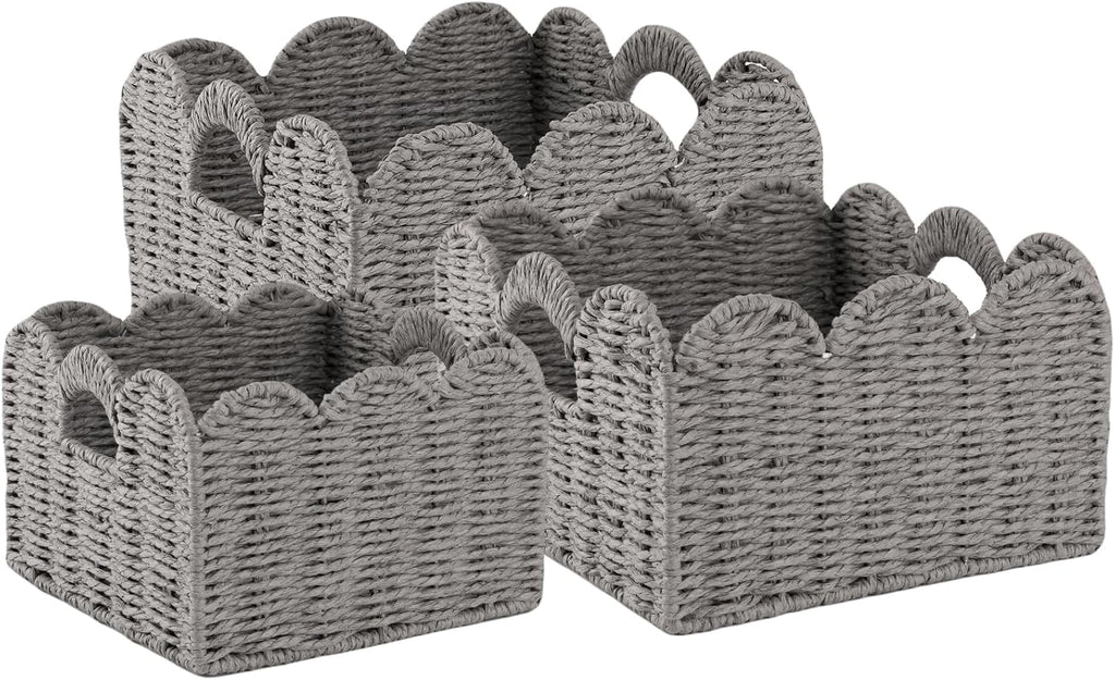 OIAHOMY Scalloped Wicker Baskets, Hand-woven Storage Baskets with Built-in Handles, Paper Rope Shelf Baskets for Organizing and Decoration, Set of 3-Grey