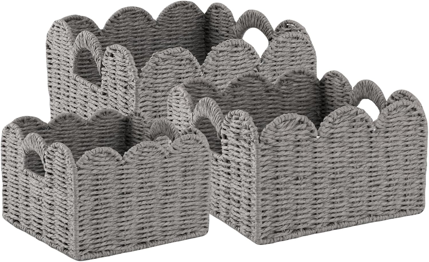 OIAHOMY Scalloped Wicker Baskets, Hand-woven Storage Baskets with Built-in Handles, Paper Rope Shelf Baskets for Organizing and Decoration, Set of 3-Grey