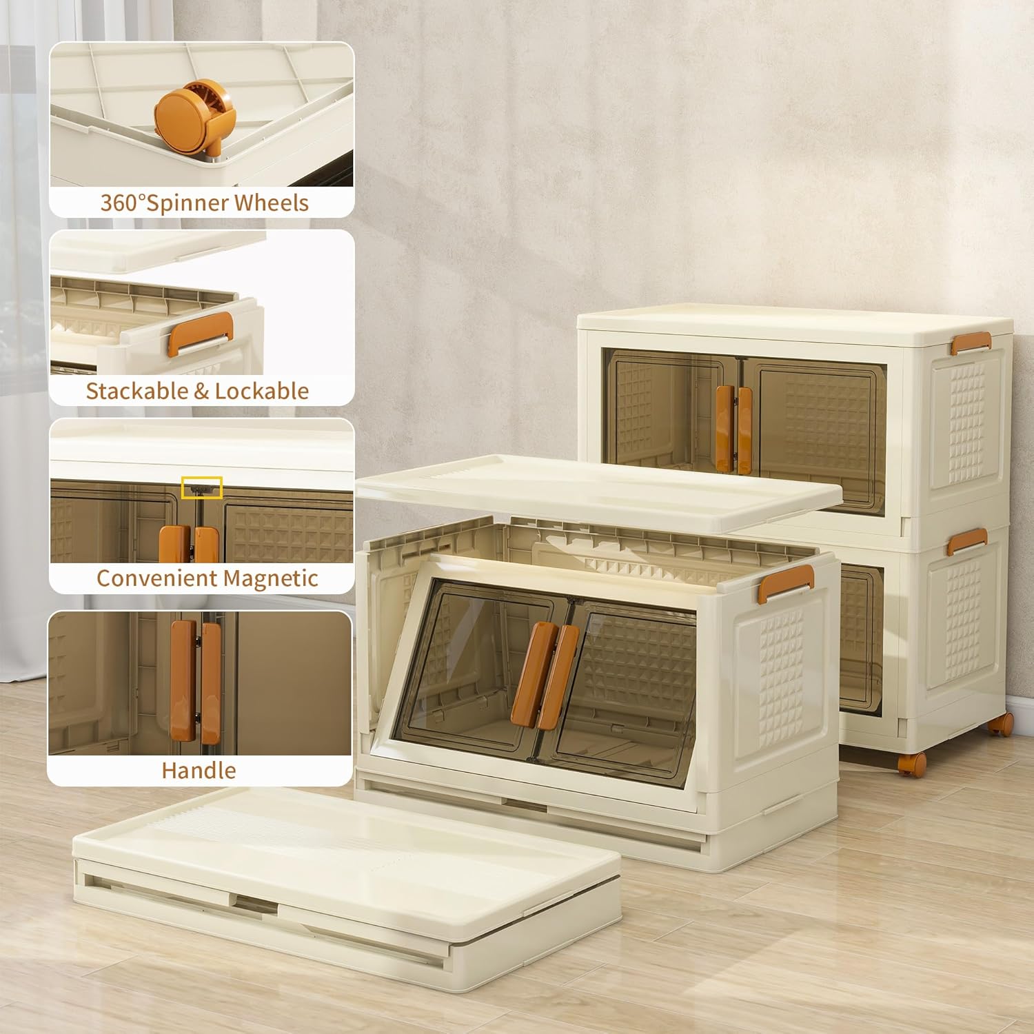 Plastic Stackable Storage Bins with Lids and Wheels, Foldable Closet Organizers and Storage Containers, Collapsible Clear Drawer Storage Cabinet with Doors Ivory White 91.2 QT