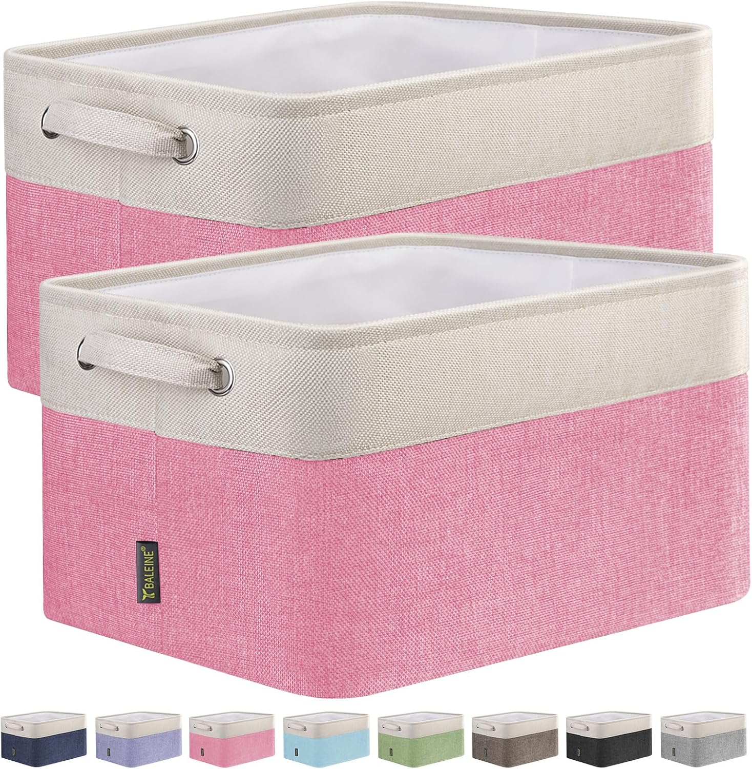 BALEINE 2 Pack Fabric Storage Bins for Shelves, Linen Storage Baskets for Organizing, Decorative Closet Bins for Clothes, Home (Pink, 12"x8"x8")