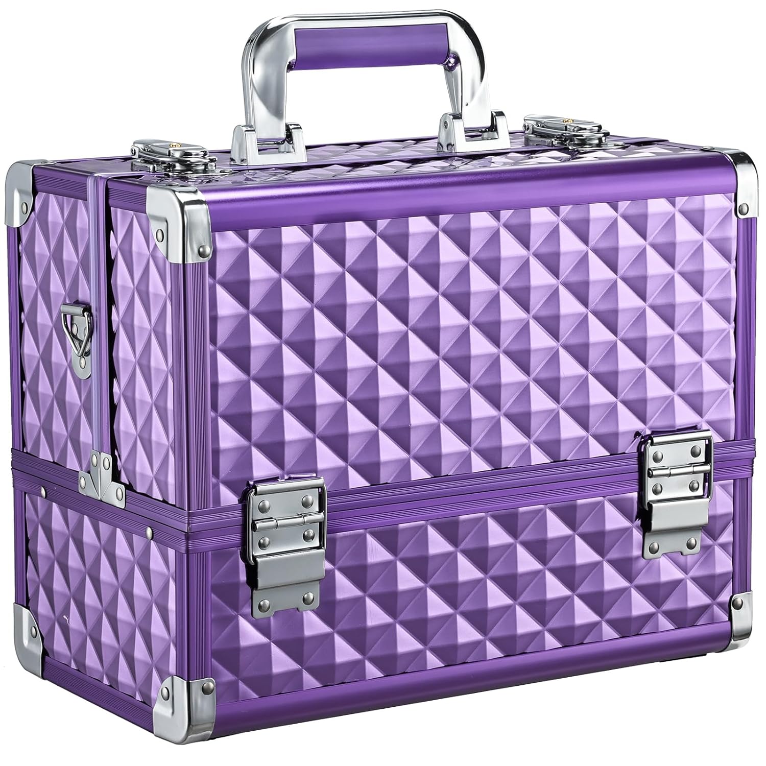 FRENESSA Makeup Train Case Makeup Case 12.6 Inch Large Cosmetic Box Organizer Travel Storage Professional Make Up Train Carrying Case with 6 Trays Locking Shoulder Strap Hard Vanity Storage Purple