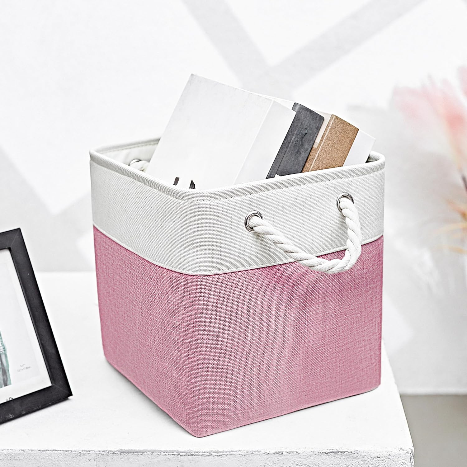 Fabric Storage Cubes, 11 inch cube storage bin with Handles, 11x11cube storage organizer bins, Collapsible Storage Bins for Shelves and Home, Cubby Storage Bins (White-Pink, 10.5x10.5x11in)