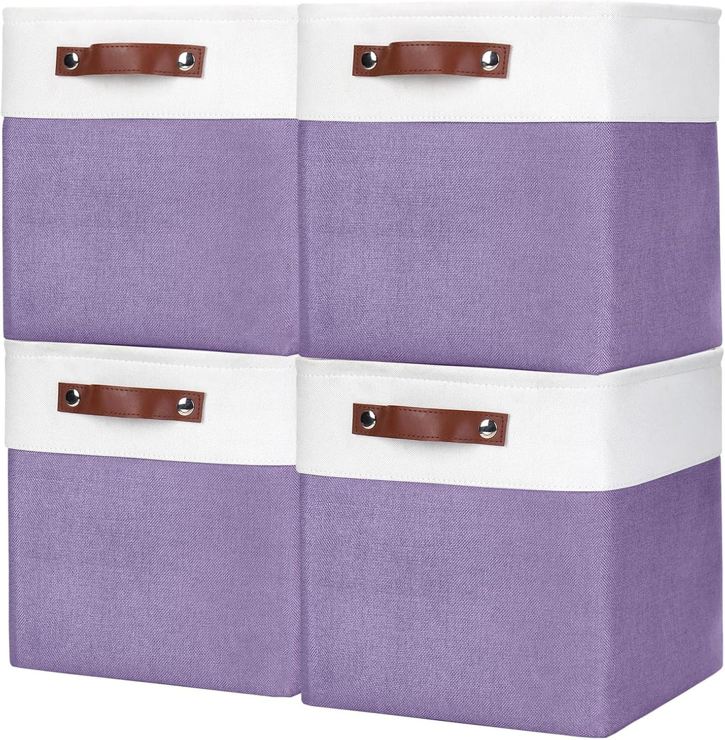Collapsible Fabric Storage Cubes 11x11 Cube Storage Bins, 4 Pack Closet Baskets Box with Handles for Organizing, Shelf, Toys, Clothes, Home, Office, Nursery (Purple&White)