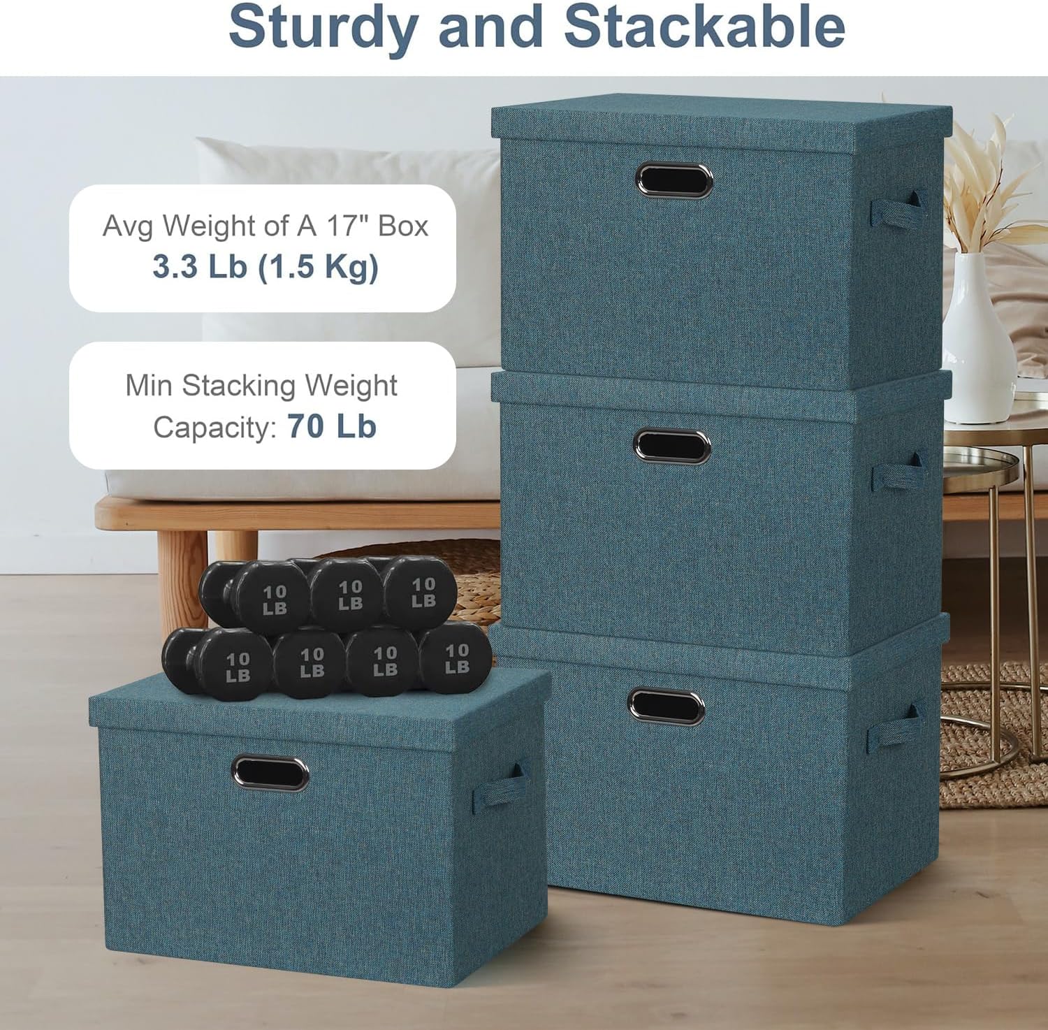 Large 17" 36 Quart Collapsible Stackable Storage Bins with Lids, 3 Packs Blue-Green Linen Fabric Closet Boxes with Lids, Storage Cube Baskets Container Organizers for Bedroom (17x12x11)