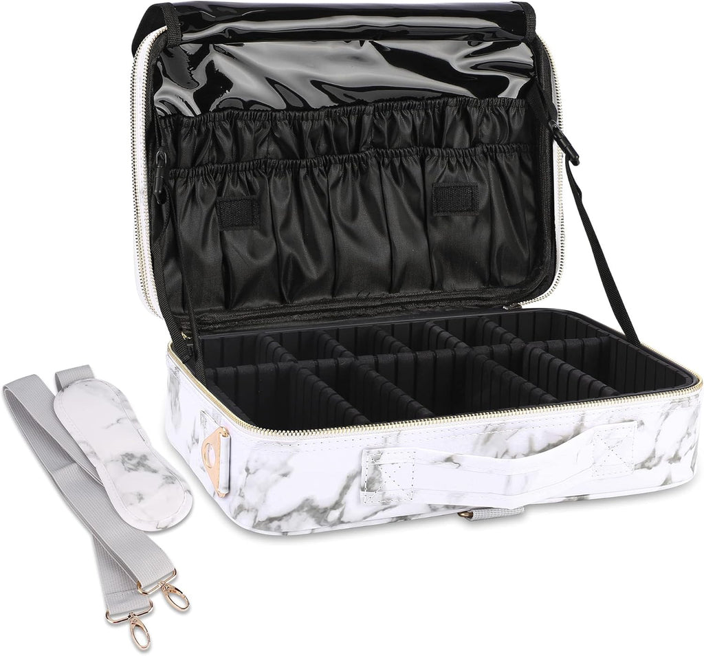 JOURMON Travel Makeup Train Case,Large Capacity Cosmetic Bags for Women,Portable Makeup Bag Organizer with Adjustable Dividers & Shoulder Strap(Marble White, Medium)