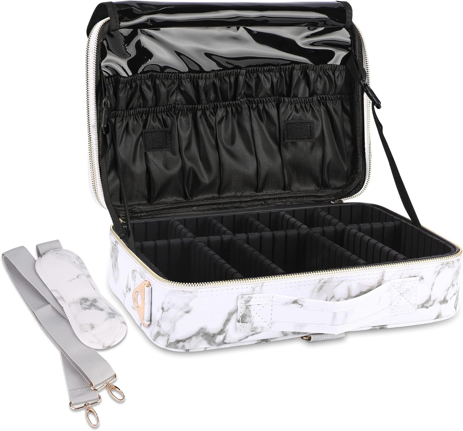 JOURMON Travel Makeup Train Case,Large Capacity Cosmetic Bags for Women,Portable Makeup Bag Organizer with Adjustable Dividers & Shoulder Strap(Marble White, Medium)