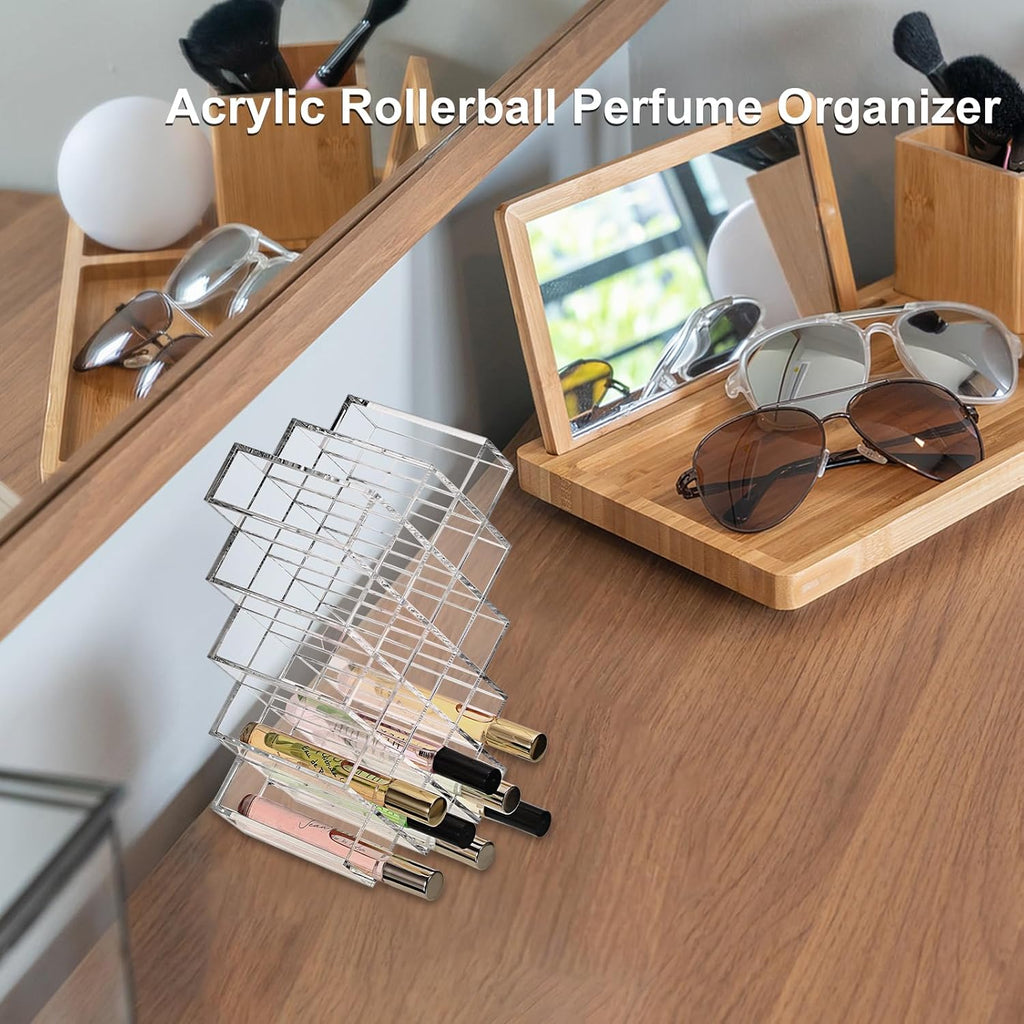 ELLDOO Rollerball Perfume Organizer, 23 Spaces Clear Acrylic Perfume Storage Holder Beauty Scent Holder, Stackable Makeup Lipgloss Lipstick Display Case Lip Gloss Storage Stand (5-Tier)