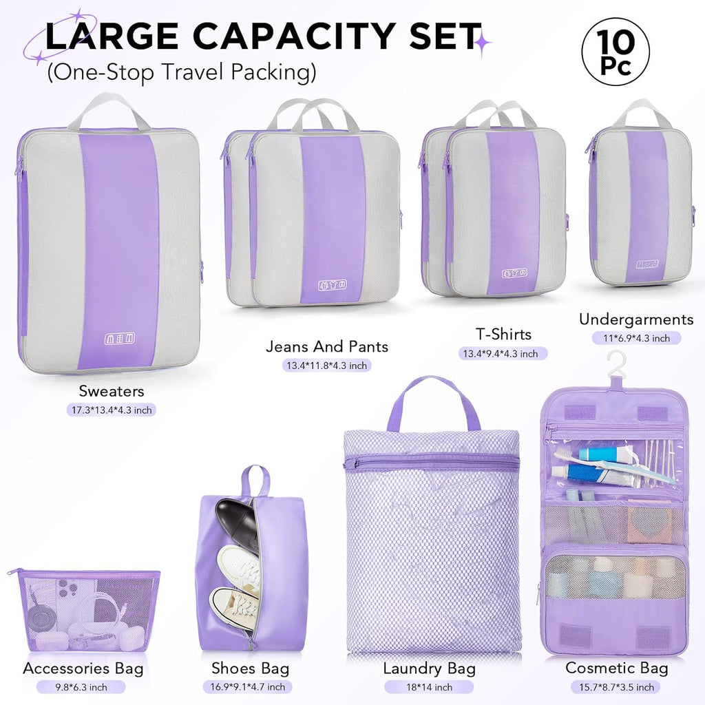 10 Set Compression Packing Cubes for Travel Essentials,Compressible Expandable Packing Cubes for Suitcase,OlarHike Luggage Organizer Bags for Travel,Handy Helper for Organizing Clothes(Light Purple)