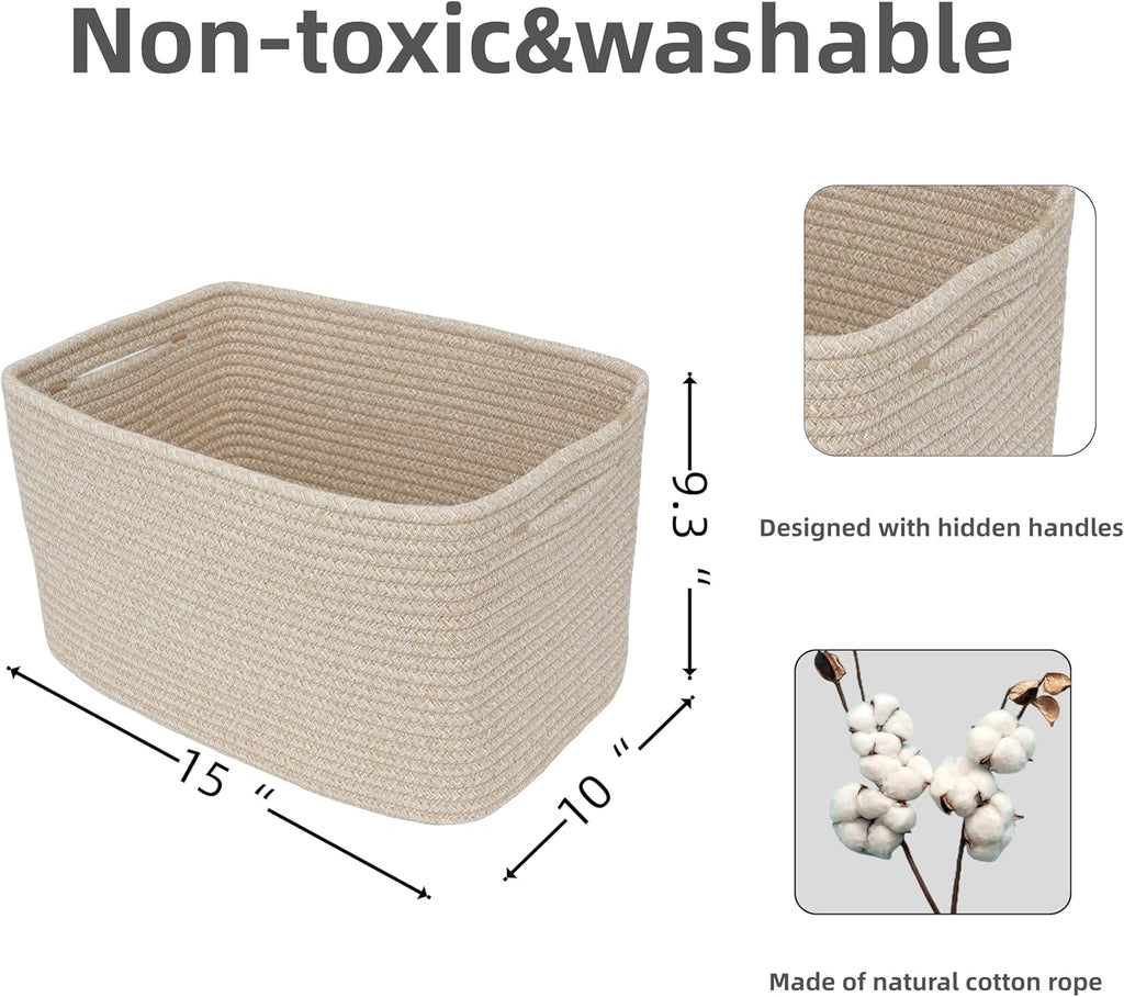 Rope storage Basket Bins Woven Basket for Organizing Shelves 15X10X9.3" Rectangle Decorative Baskets For storage Clothes Toys Books Towels Nursery basket organizer 3 pack Oatmeal