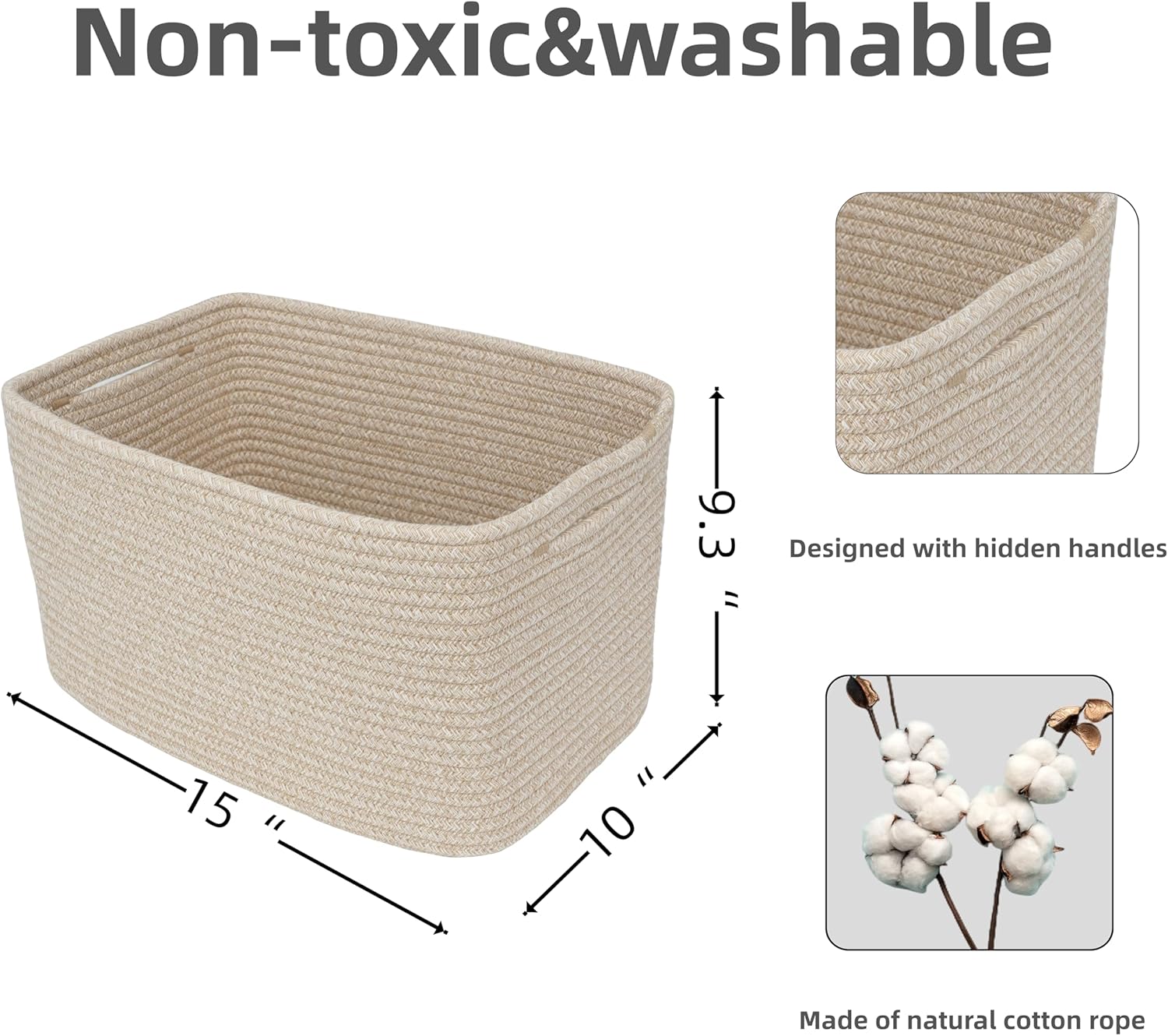 Rope storage Basket Bins Woven Basket for Organizing Shelves 15X10X9.3" Rectangle Decorative Baskets For storage Clothes Toys Books Towels Nursery basket organizer 3 pack Oatmeal