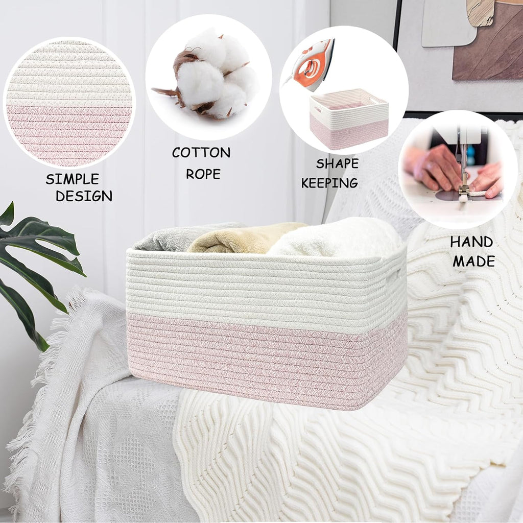 COMFY-HOMI Cotton Rope Woven Basket with Handles for Shelves,Toys,Book, Cloth Storage Baskets for Organizing-17" x 13" x 7.5" Toy Decorative Organizer for Living Room, Bathroom （white/pink）