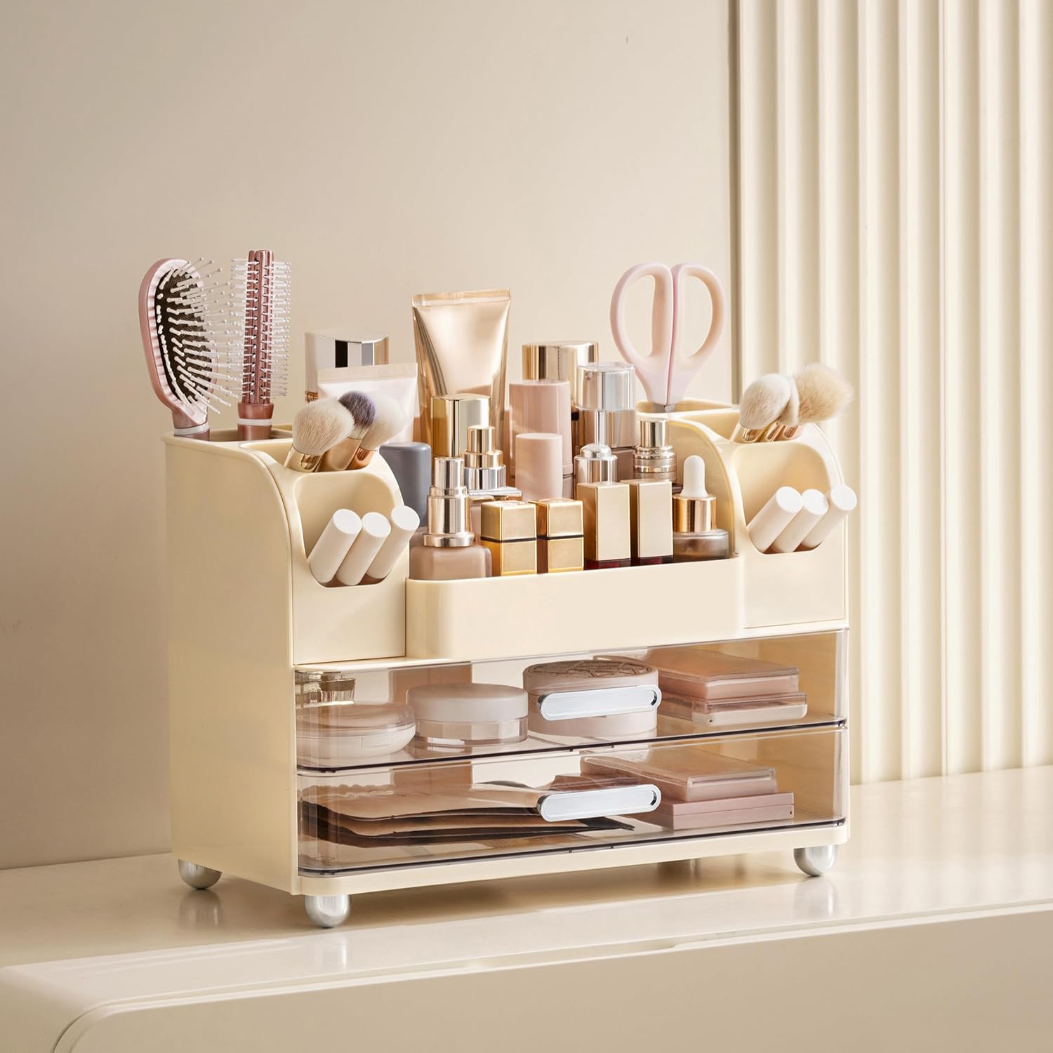 HBlife Makeup Organizer for Vanity with Brush Holder, Large Bathroom Countertop Cosmetic Organizer Skin Care Storage, Easy to Store Lipsticks, Nail Polishes, Perfumes, Eyeshadow Palettes, Beige